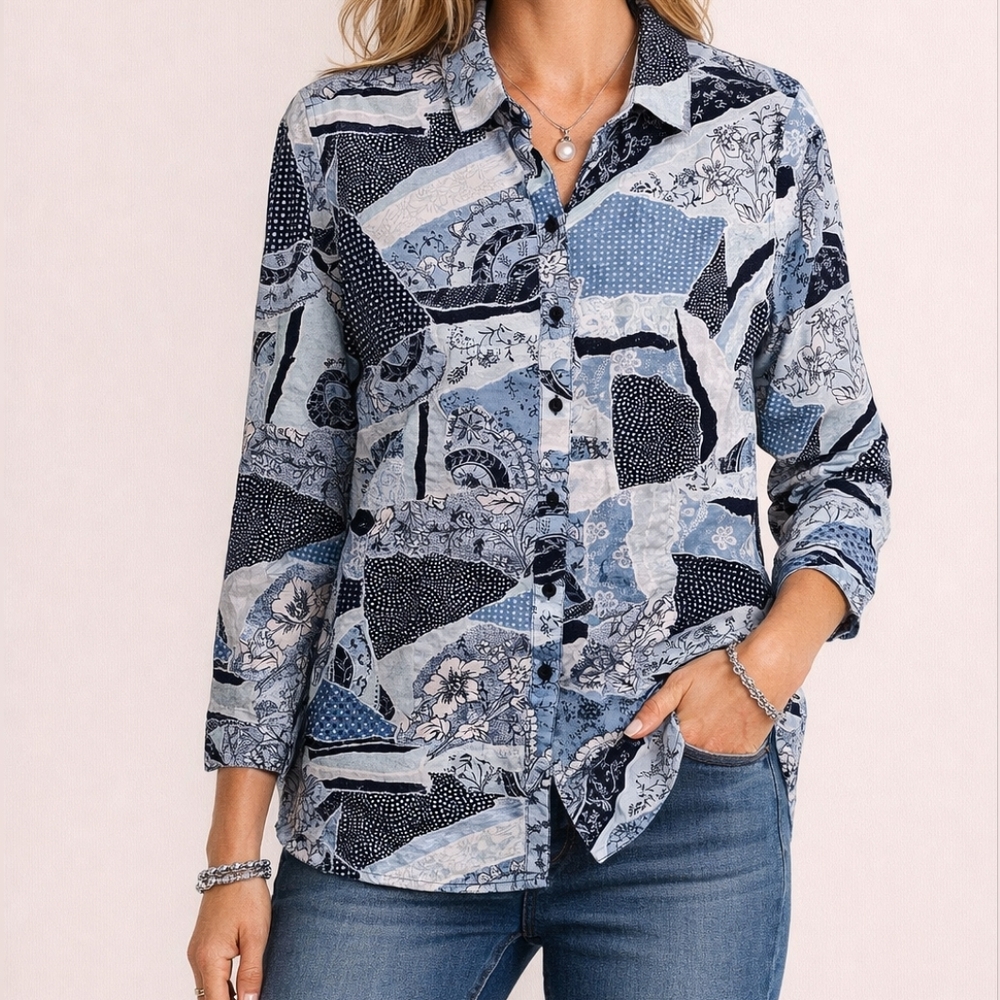 Chico’s Blue Patchwork Shirt Size 2 Large Coastal Boho Button Down